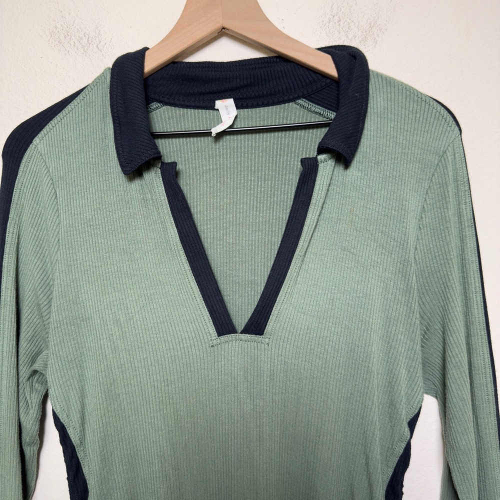 Anthropologie Daily Practice Women Dress L Green Ribbed Ruched Polo Colorblock - Picture 6 of 14